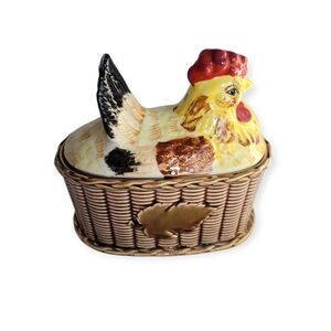 Vintage Ceramic Nesting Hen Storage Container Gravy Boat Brown Yellow And Red